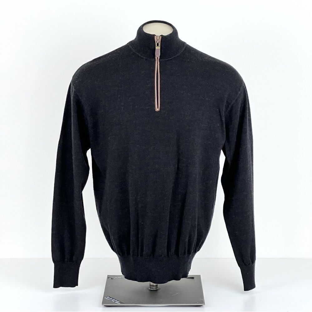 Orvis Wool Quarter 1/2 Half Zip Pullover Sweater Brown Leather Trim XL
